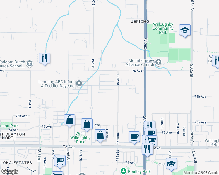 map of restaurants, bars, coffee shops, grocery stores, and more near 19802 75A Avenue in Langley Township