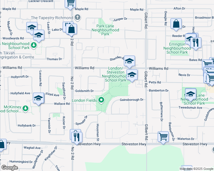 map of restaurants, bars, coffee shops, grocery stores, and more near 6640 Goldsmith Drive in Richmond