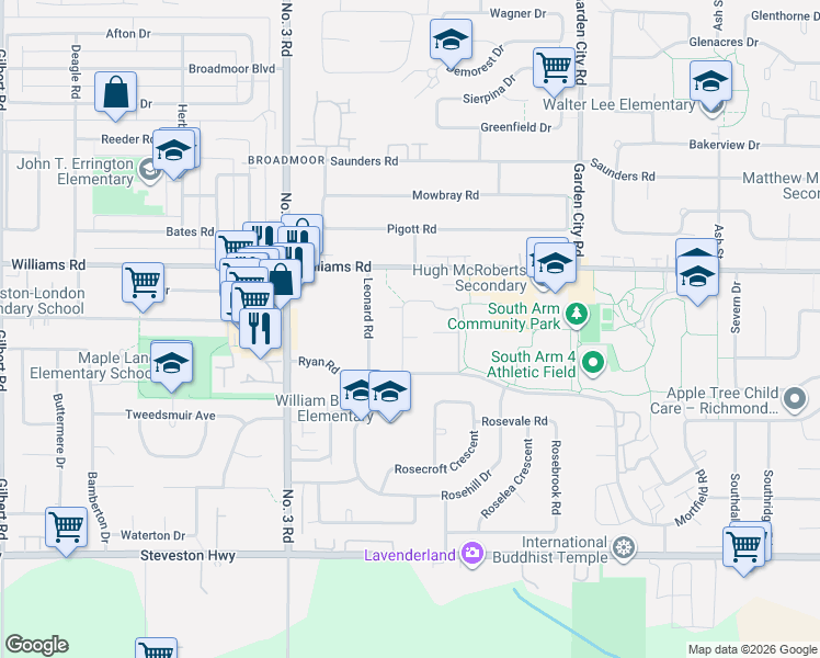 map of restaurants, bars, coffee shops, grocery stores, and more near 10160 Ruskin Road in Richmond