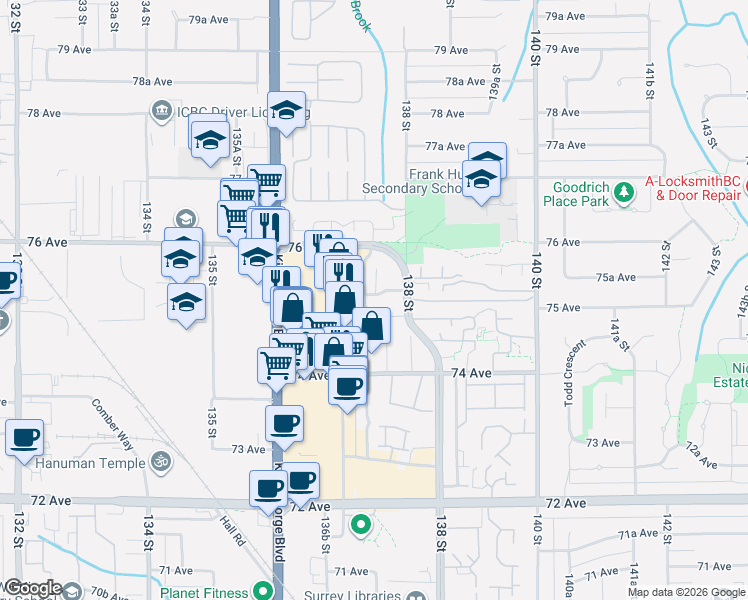 map of restaurants, bars, coffee shops, grocery stores, and more near in Surrey