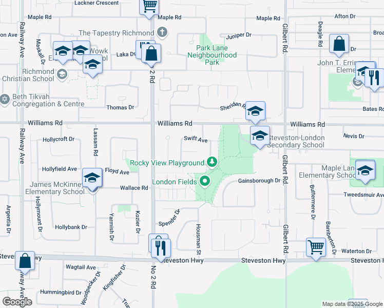 map of restaurants, bars, coffee shops, grocery stores, and more near 6360 Steele Court in Richmond