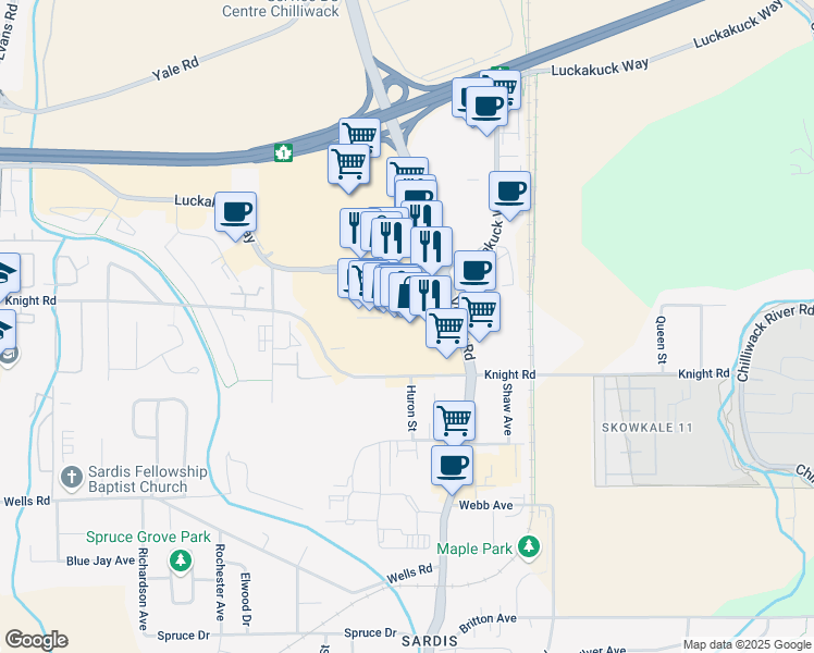 map of restaurants, bars, coffee shops, grocery stores, and more near 45610 Luckakuck Way in Chilliwack