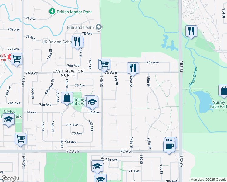 map of restaurants, bars, coffee shops, grocery stores, and more near 14856 75 Avenue in Surrey