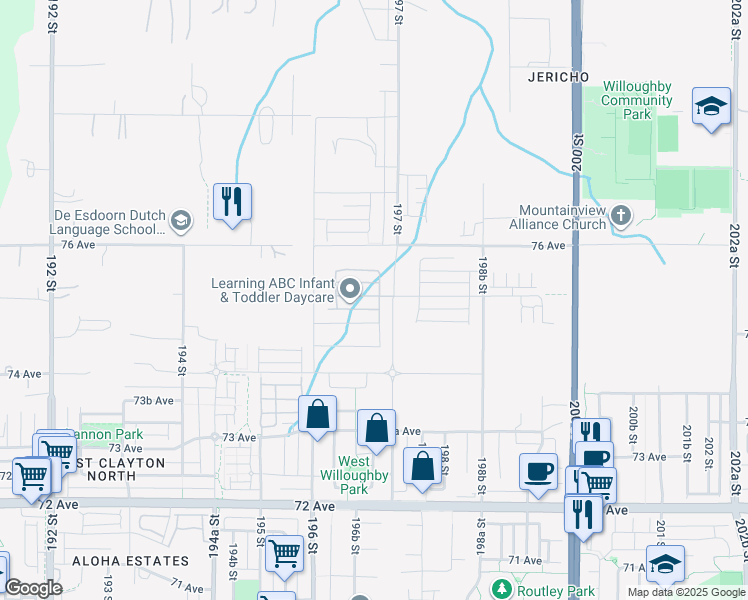 map of restaurants, bars, coffee shops, grocery stores, and more near 19682 75A Avenue in Langley Township
