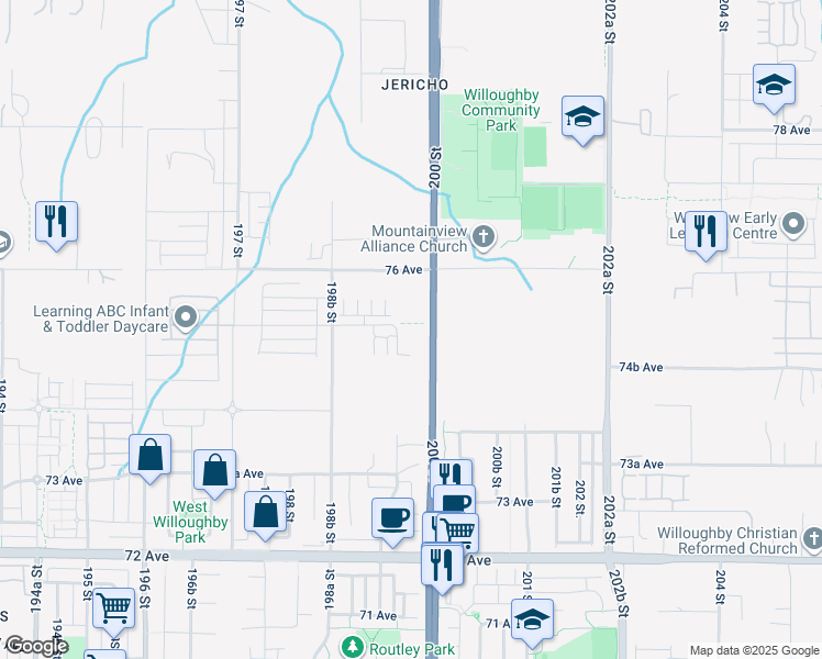 map of restaurants, bars, coffee shops, grocery stores, and more near 7506 199A Street in Langley Township