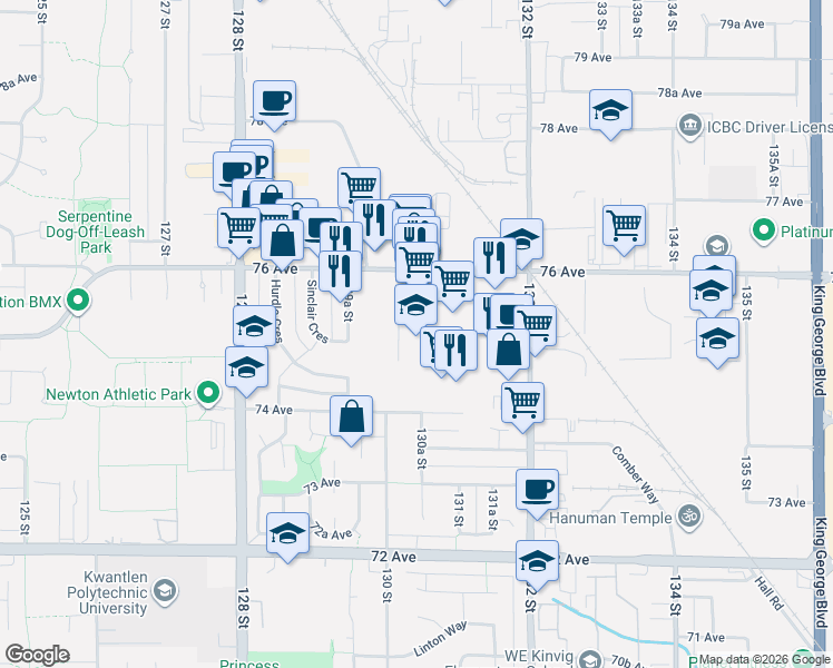map of restaurants, bars, coffee shops, grocery stores, and more near 7536 130 Street in Surrey