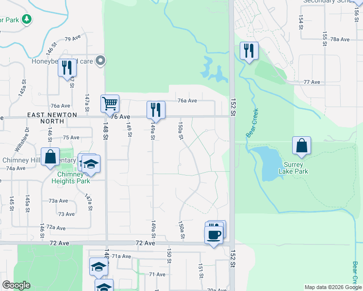 map of restaurants, bars, coffee shops, grocery stores, and more near 15049 75 Avenue in Surrey