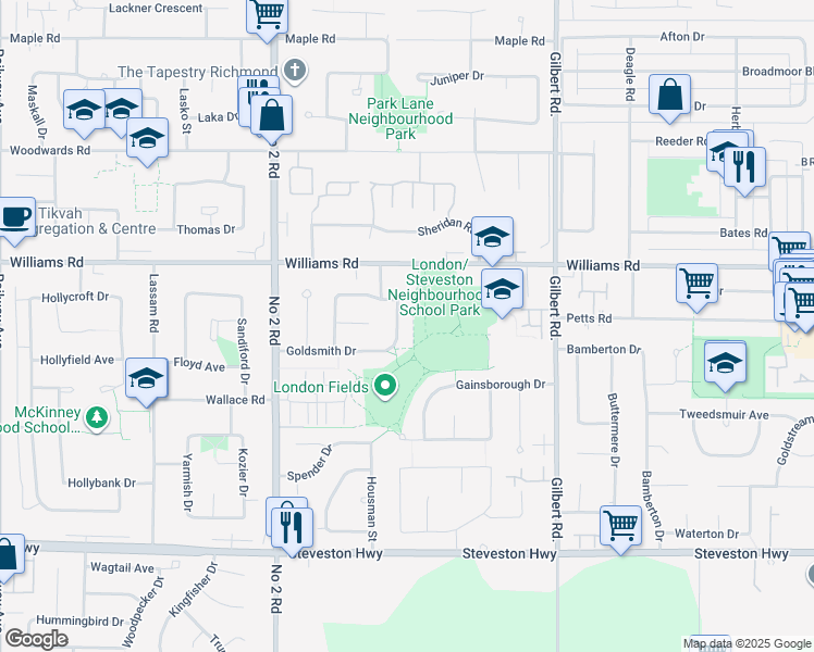 map of restaurants, bars, coffee shops, grocery stores, and more near 6660 Goldsmith Drive in Richmond