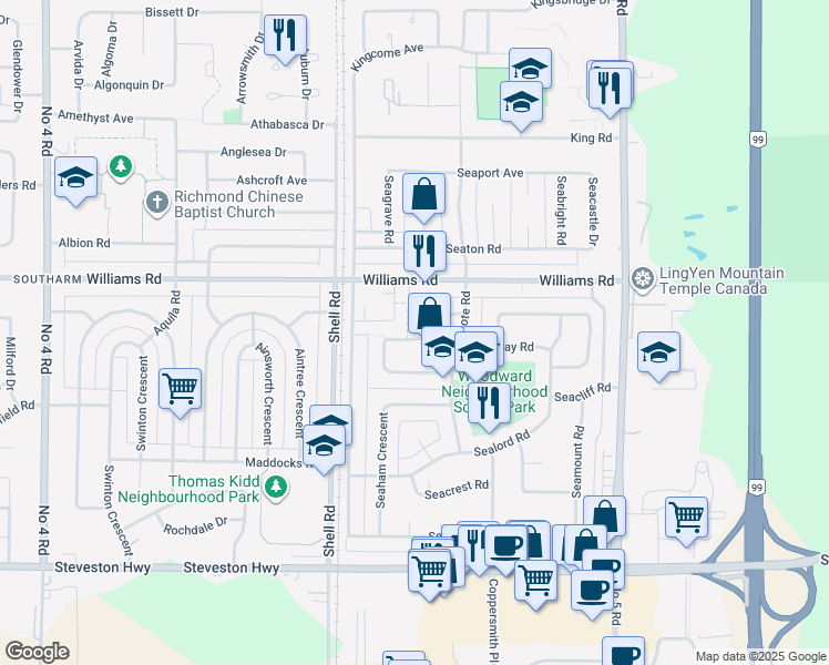 map of restaurants, bars, coffee shops, grocery stores, and more near 11251 Seafield Crescent in Richmond