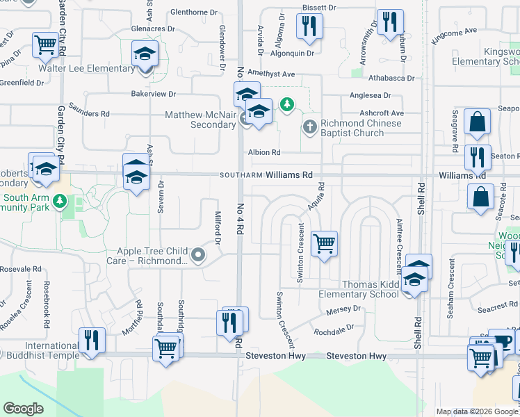 map of restaurants, bars, coffee shops, grocery stores, and more near 10479 Dennis Crescent in Richmond