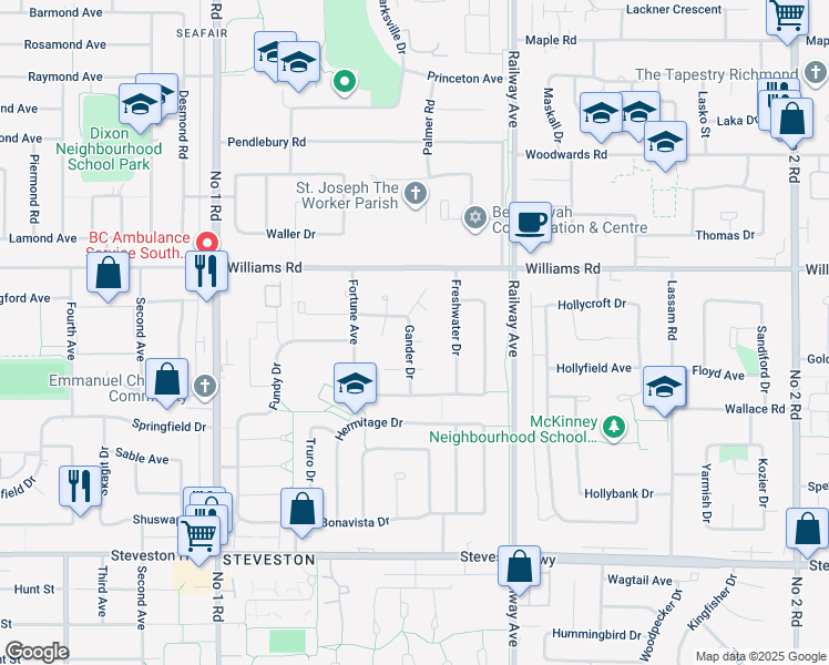 map of restaurants, bars, coffee shops, grocery stores, and more near 4451 Gander Place in Richmond