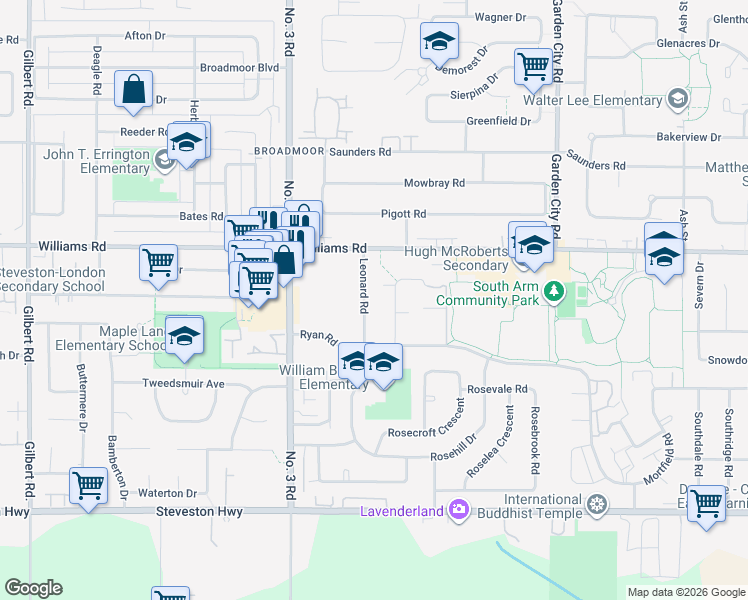 map of restaurants, bars, coffee shops, grocery stores, and more near 10140 Leonard Road in Richmond