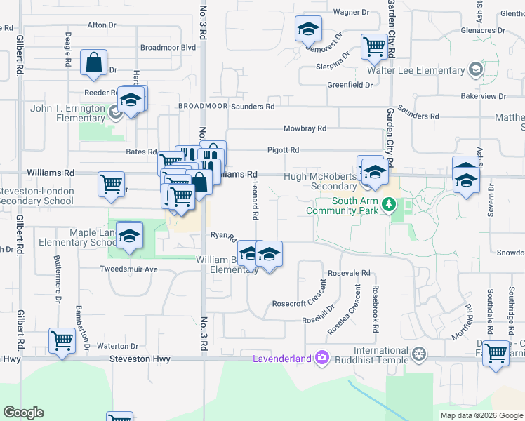 map of restaurants, bars, coffee shops, grocery stores, and more near 10080 Leonard Road in Richmond