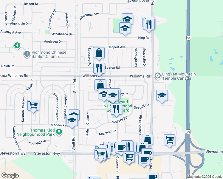 map of restaurants, bars, coffee shops, grocery stores, and more near 10140 Seacote Road in Richmond