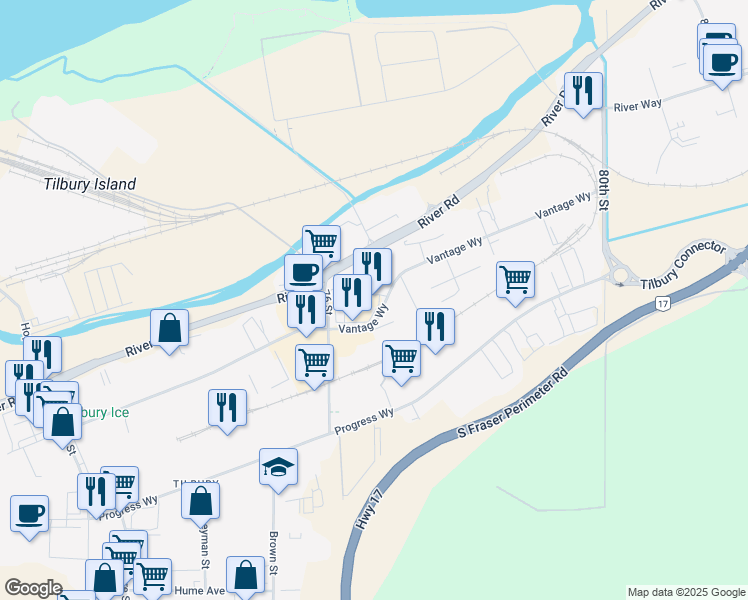 map of restaurants, bars, coffee shops, grocery stores, and more near 7621 Vantage Way in Delta