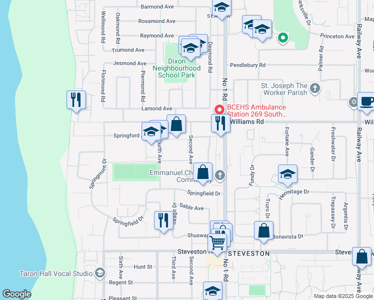 map of restaurants, bars, coffee shops, grocery stores, and more near 10200 Fourth Avenue in Richmond