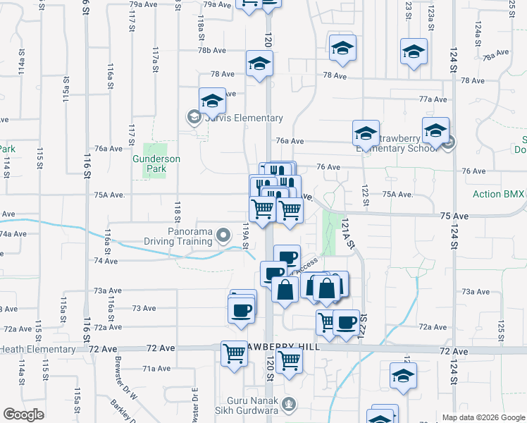 map of restaurants, bars, coffee shops, grocery stores, and more near 7511 120 Street in Delta