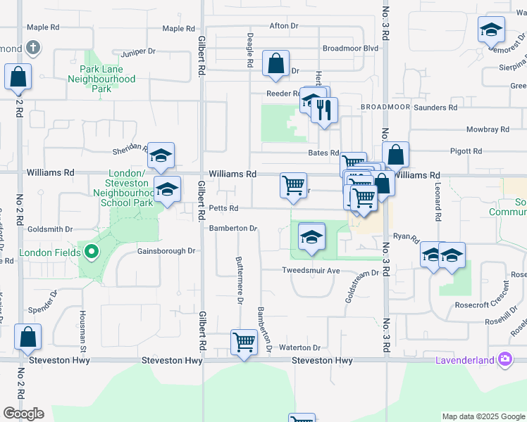 map of restaurants, bars, coffee shops, grocery stores, and more near 7260 Petts Road in Richmond