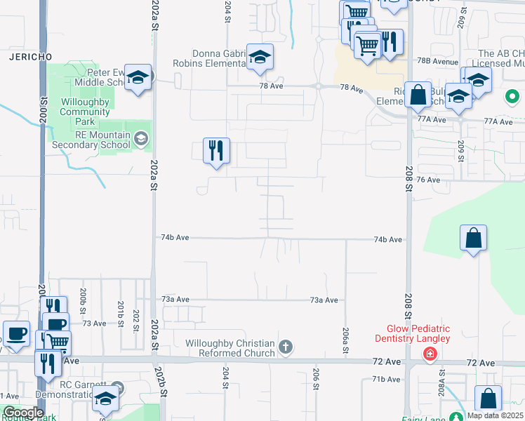 map of restaurants, bars, coffee shops, grocery stores, and more near 7515 205 Street in Langley Township