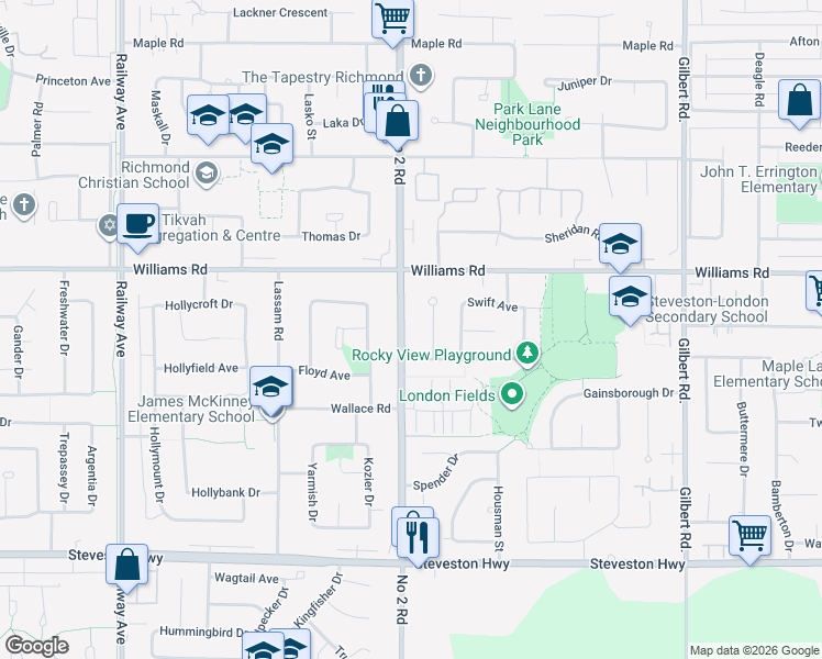 map of restaurants, bars, coffee shops, grocery stores, and more near 10166 Number 2 Road in Richmond