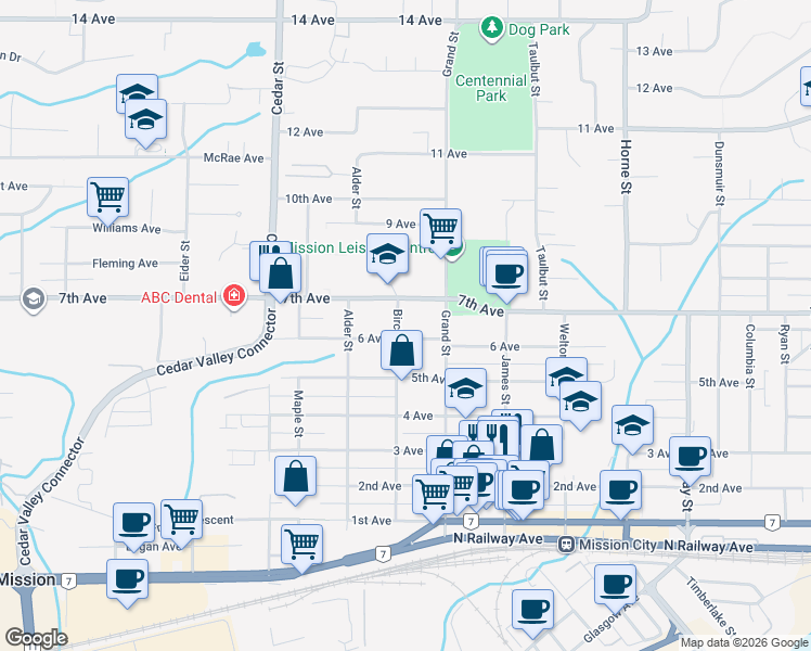 map of restaurants, bars, coffee shops, grocery stores, and more near 32944 7th Avenue in Mission