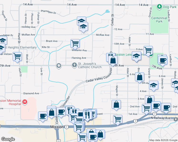 map of restaurants, bars, coffee shops, grocery stores, and more near 7554 Briskham Street in Mission