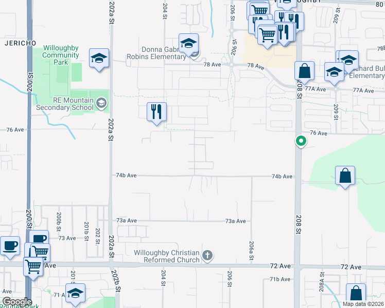map of restaurants, bars, coffee shops, grocery stores, and more near 7515 205 Street in Langley Township