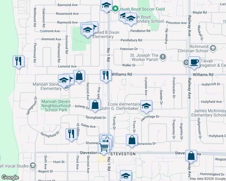 map of restaurants, bars, coffee shops, grocery stores, and more near 10188 Number 1 Road in Richmond