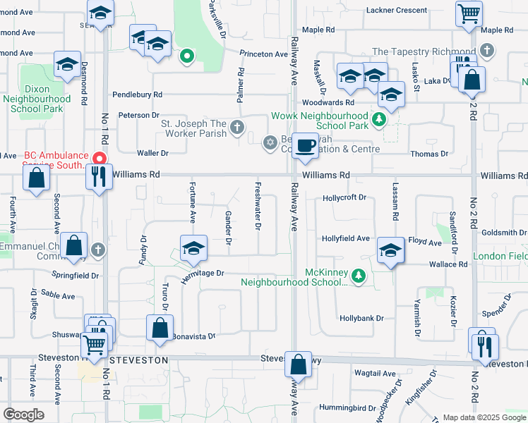map of restaurants, bars, coffee shops, grocery stores, and more near 10220 Freshwater Drive in Richmond
