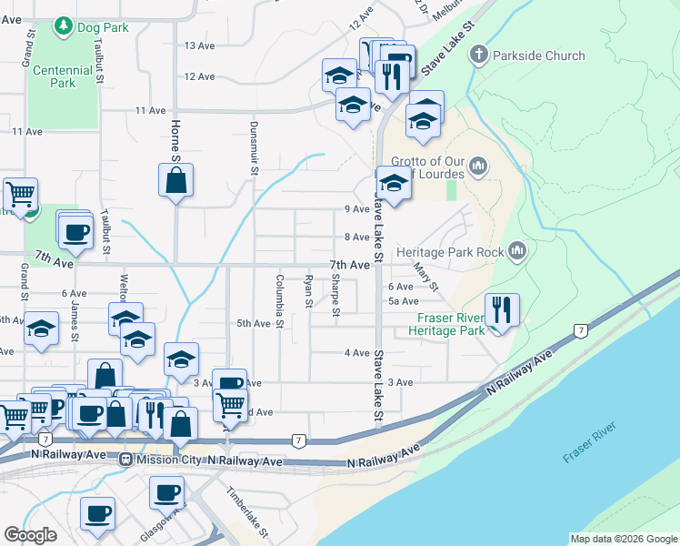 map of restaurants, bars, coffee shops, grocery stores, and more near 33582 7th Avenue in Mission