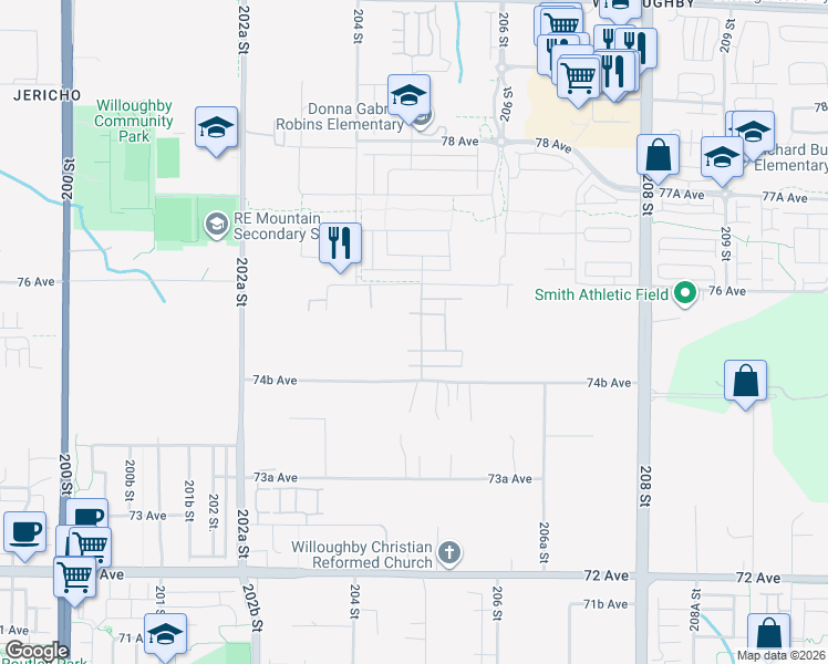 map of restaurants, bars, coffee shops, grocery stores, and more near 7519 205 Street in Langley Township