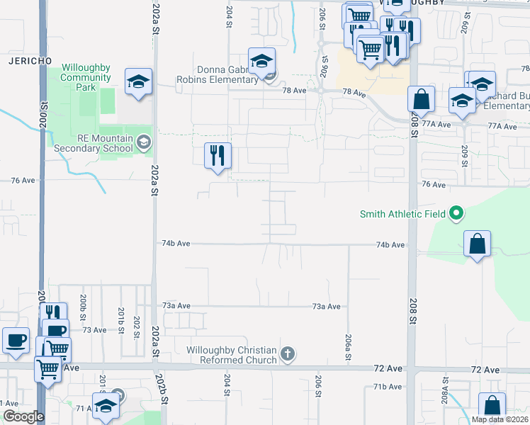 map of restaurants, bars, coffee shops, grocery stores, and more near 20464 76 Avenue in Langley