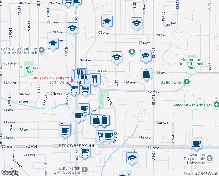 map of restaurants, bars, coffee shops, grocery stores, and more near in Surrey