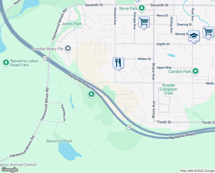 map of restaurants, bars, coffee shops, grocery stores, and more near in Nanaimo
