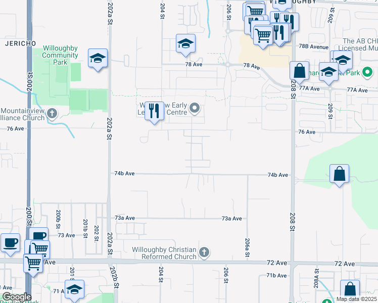 map of restaurants, bars, coffee shops, grocery stores, and more near 7519 205 Street in Langley Township