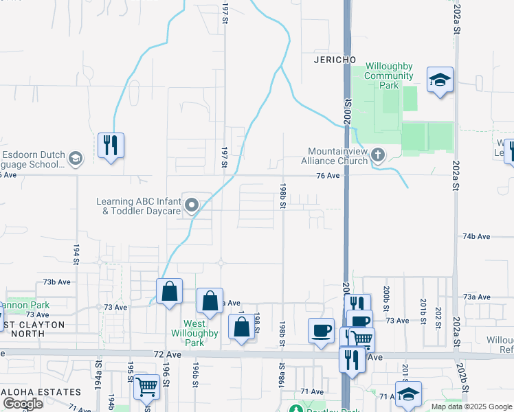 map of restaurants, bars, coffee shops, grocery stores, and more near 19785 75A Avenue in Langley Township