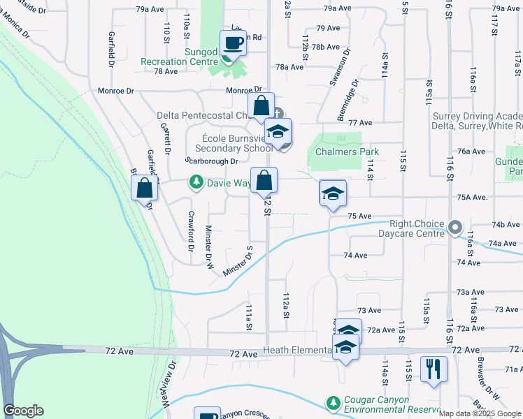 map of restaurants, bars, coffee shops, grocery stores, and more near 7475 112 Street in Delta
