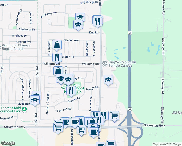 map of restaurants, bars, coffee shops, grocery stores, and more near 11720 Seabrook Crescent in Richmond