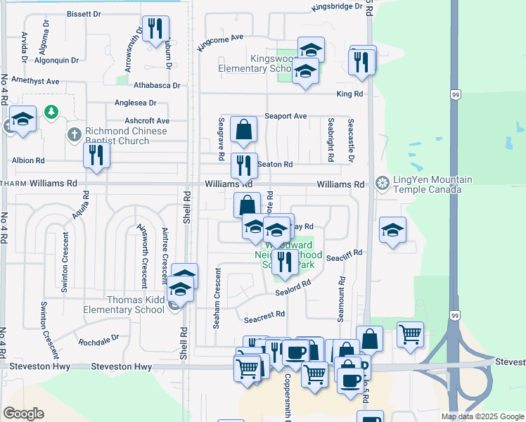 map of restaurants, bars, coffee shops, grocery stores, and more near 10151 Seacote Road in Richmond