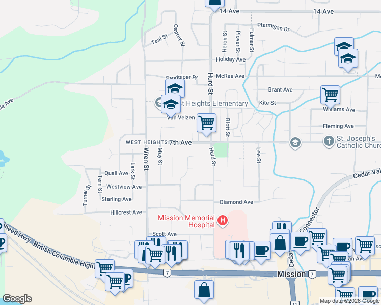 map of restaurants, bars, coffee shops, grocery stores, and more near 32133 Cottonwood Terrace in Mission