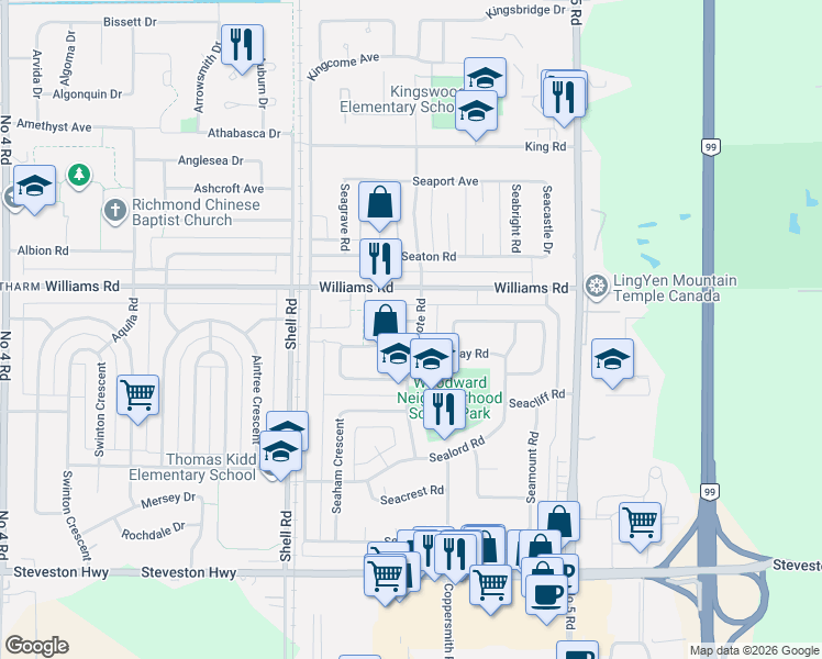 map of restaurants, bars, coffee shops, grocery stores, and more near 10151 Seacote Road in Richmond