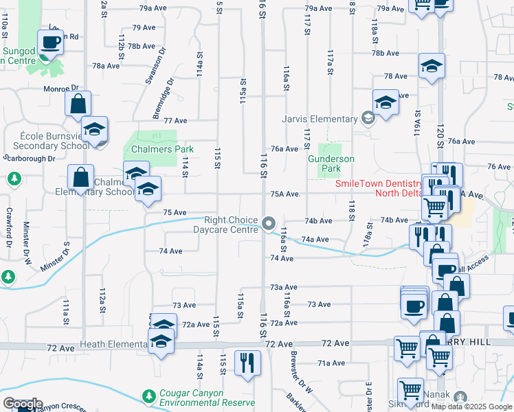 map of restaurants, bars, coffee shops, grocery stores, and more near 7511 116 Street in Delta