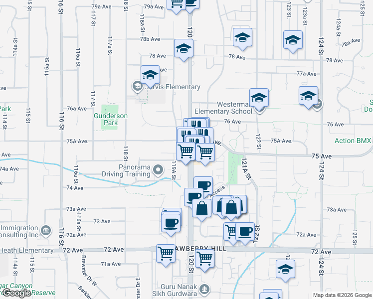 map of restaurants, bars, coffee shops, grocery stores, and more near 7511 120 Street in Delta