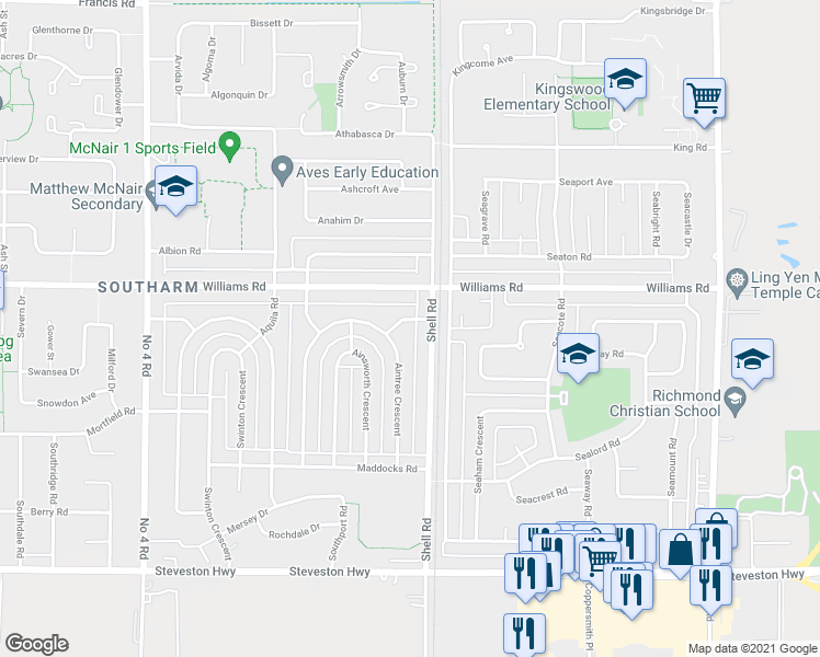 map of restaurants, bars, coffee shops, grocery stores, and more near 10684 Aintree Place in Richmond