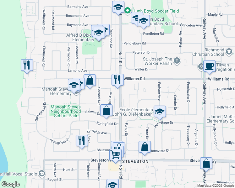map of restaurants, bars, coffee shops, grocery stores, and more near 10135 Number 1 Road in Richmond
