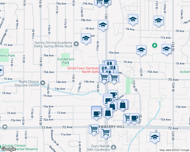 map of restaurants, bars, coffee shops, grocery stores, and more near 11925 Sterling Court in Delta