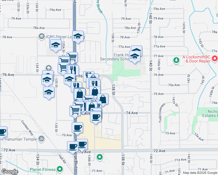 map of restaurants, bars, coffee shops, grocery stores, and more near 13777 75A Avenue in Surrey