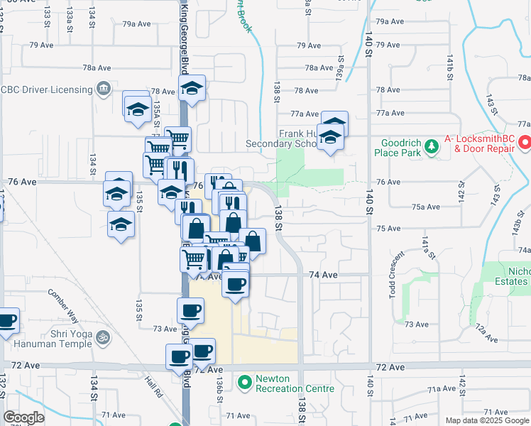 map of restaurants, bars, coffee shops, grocery stores, and more near in Surrey