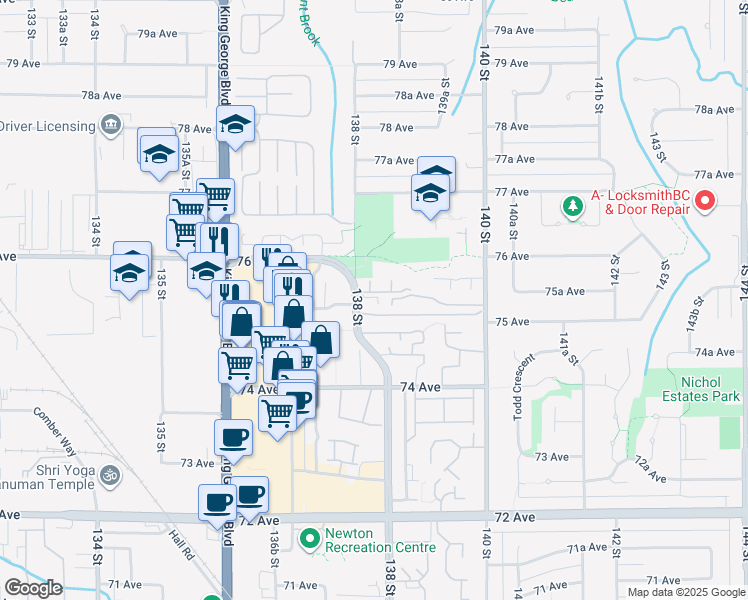 map of restaurants, bars, coffee shops, grocery stores, and more near 7536 138 Street in Surrey