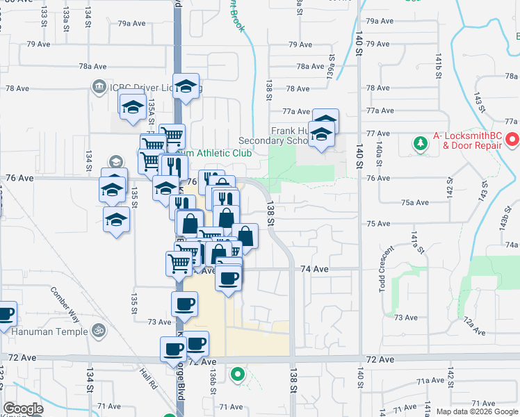 map of restaurants, bars, coffee shops, grocery stores, and more near 13777 75A Avenue in Surrey